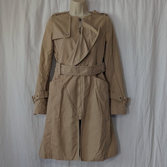 BCBGMAXAZRIA Beige Waist Tie Ruffle Trench Coat Size XXS - Picture 1 of 16